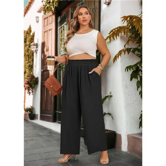 Plus Size Wide Leg Palazzo Pants Elastic Waist Loose Work Trousers Pockets - Picture 5 of 7